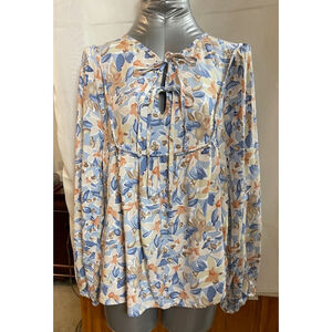 Women's PrettyGarden Blouse, Floral, Blue, Size L, ruffles, long sleeve, spring